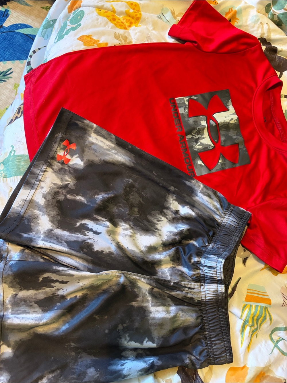 Under Armour Red Logo Tee with Black & Gray Tie-Dye Shorts